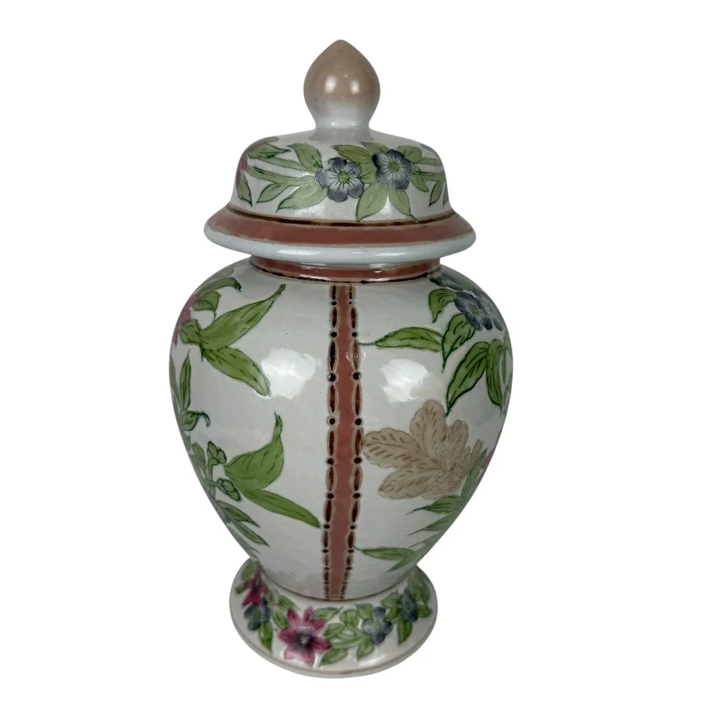 Hand Painted Floral Porcelain Ginger Jar with Lid White Pink Green 12 Inch